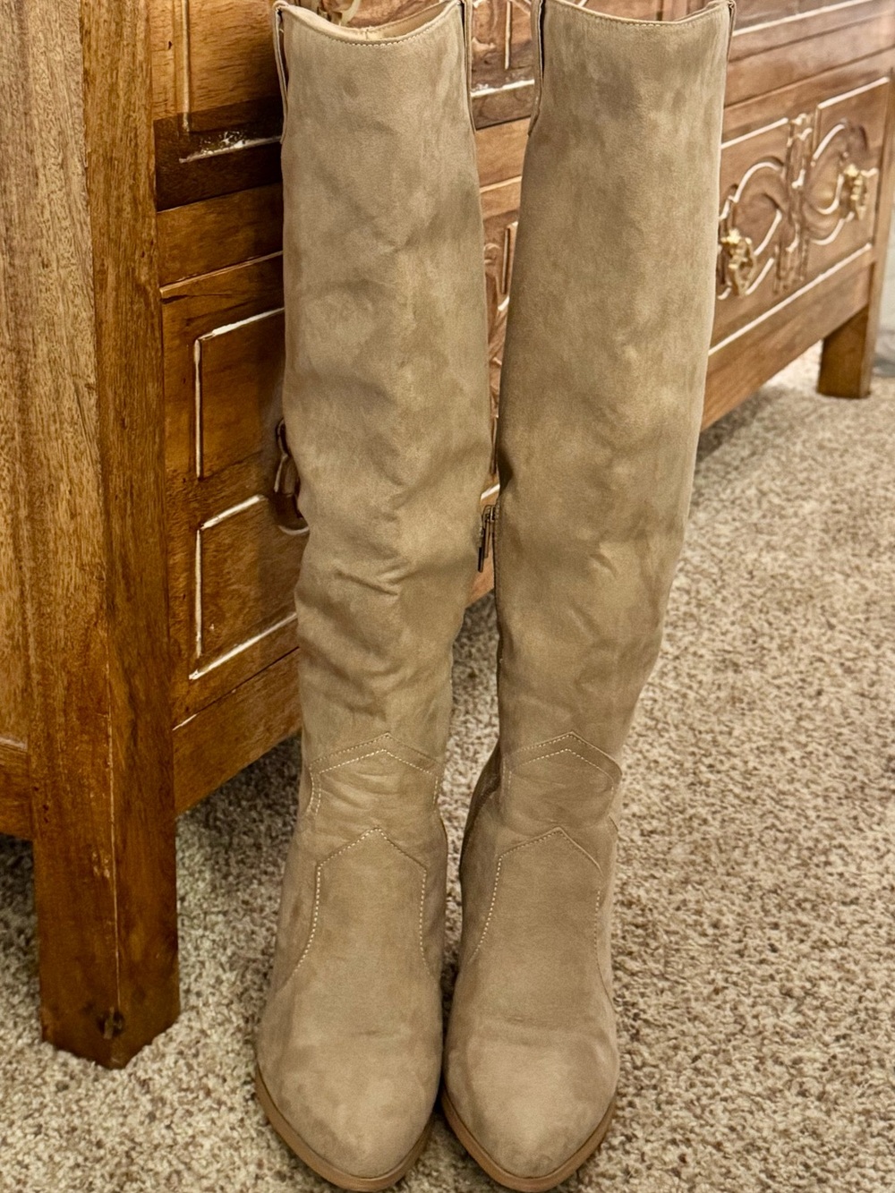 JustFab Knee High Faux Suede Boots in Taupe